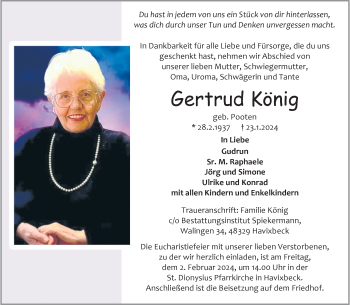 Anzeige von Gertrud König 