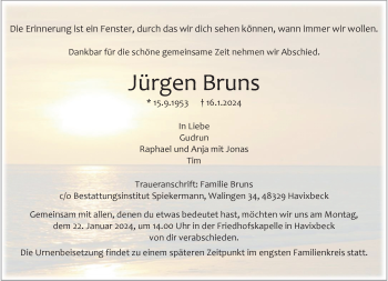Anzeige von Jürgen Bruns 