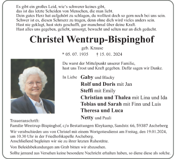 Anzeige von Christel Wentrup-Bispinghof 