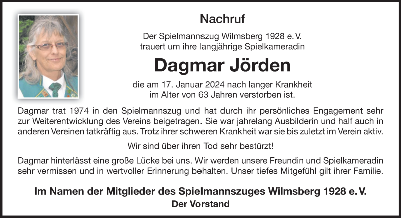  Traueranzeige für Dagmar Jörden vom 27.01.2024 aus 