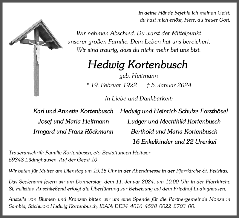  Traueranzeige für Hedwig Kortenbusch vom 08.01.2024 aus 