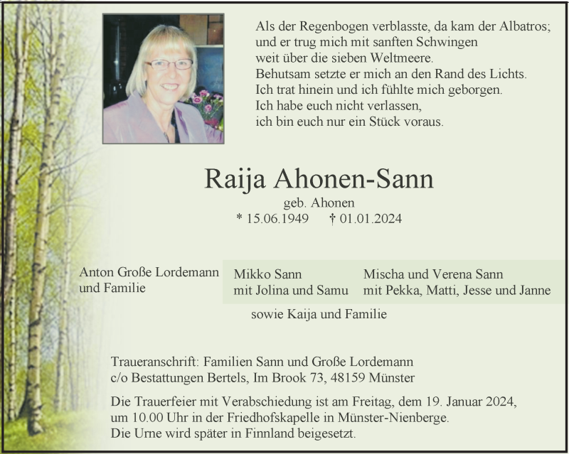  Traueranzeige für Raija Ahonen-Sann vom 06.01.2024 aus 