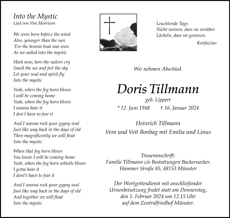  Traueranzeige für Doris Tillmann vom 20.01.2024 aus 