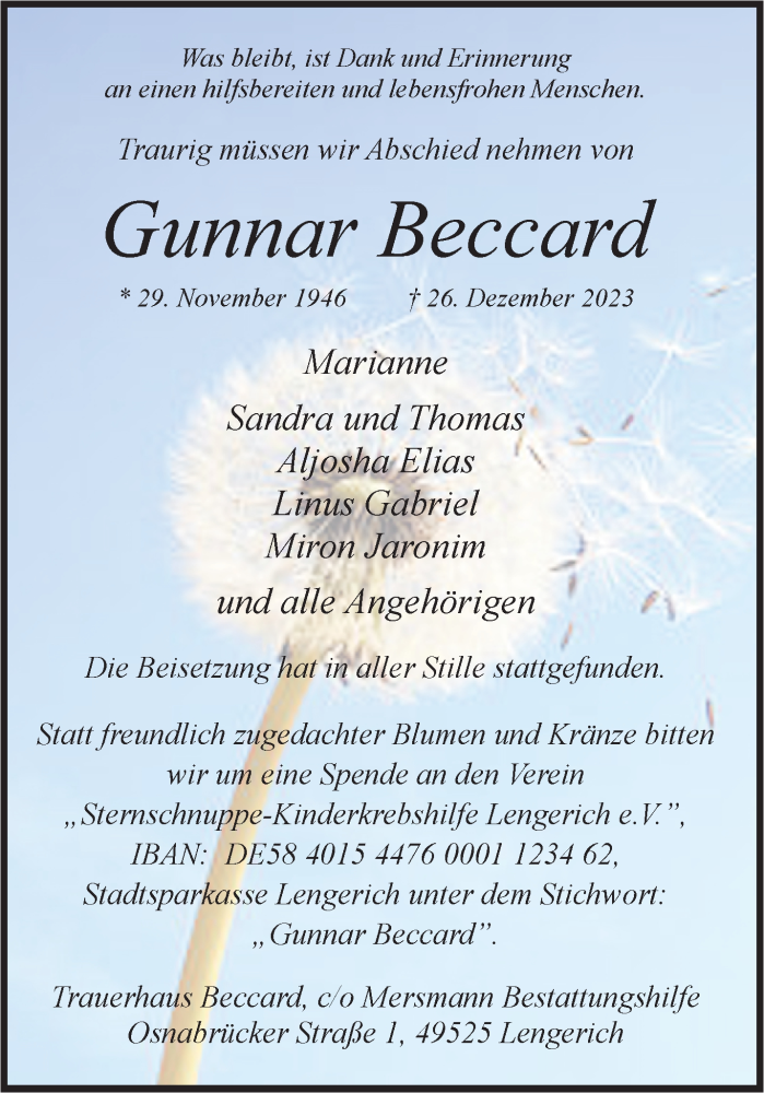  Traueranzeige für Gunnar Beccard vom 13.01.2024 aus 