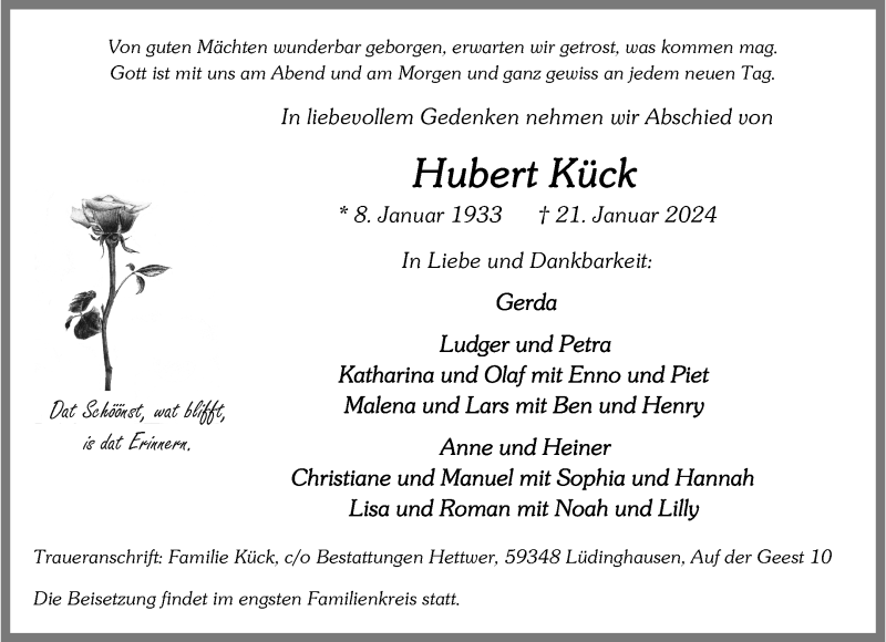  Traueranzeige für Hubert Kück vom 24.01.2024 aus 