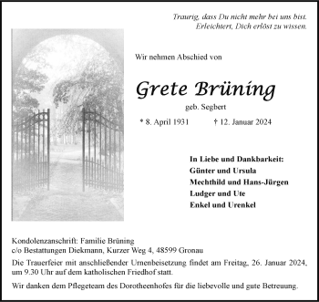 Anzeige von Grete Brüning 