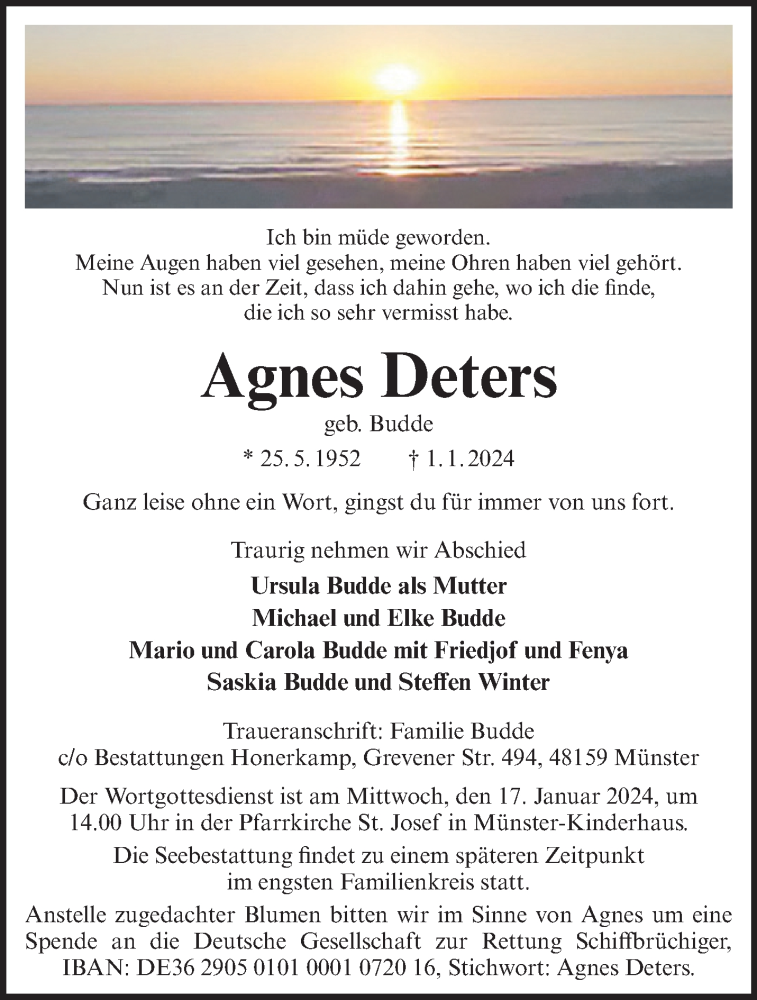  Traueranzeige für Agnes Deters vom 13.01.2024 aus 
