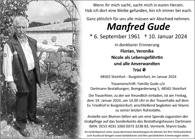  Traueranzeige für Manfred Gude vom 13.01.2024 aus 