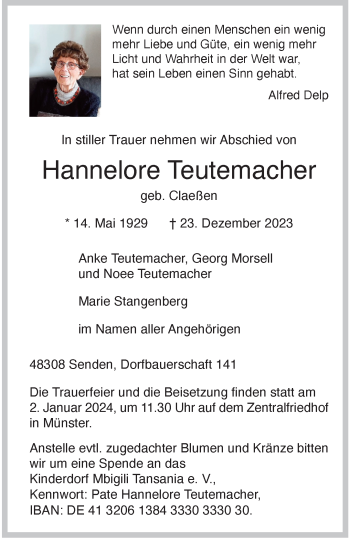 Anzeige von Hannelore Teutemacher 