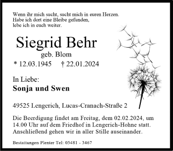Anzeige von Siegrid Behr 