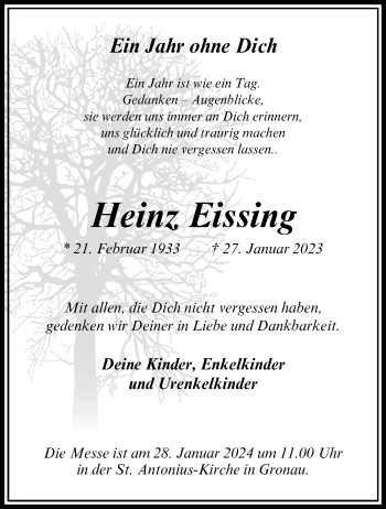 Anzeige von Heinz Eissing 