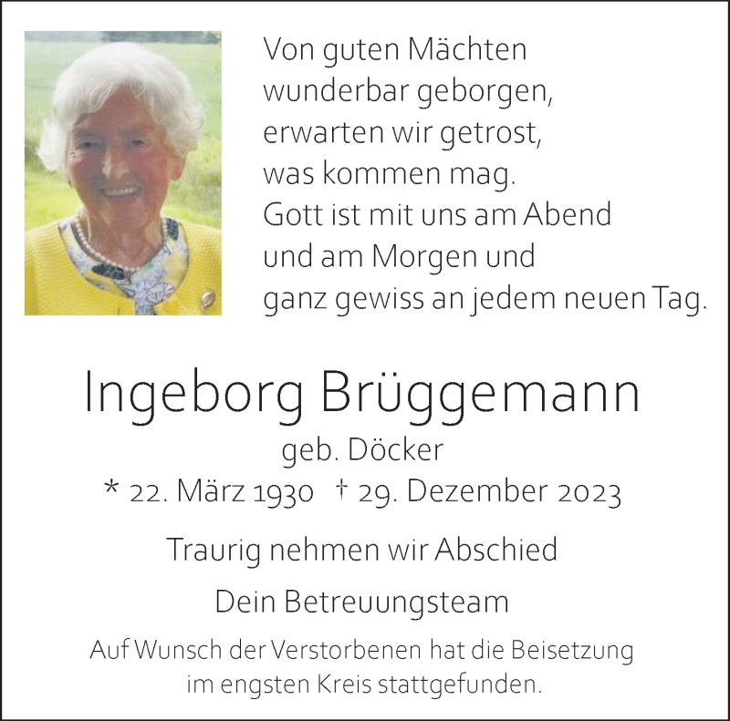  Traueranzeige für Ingeborg Brüggemann vom 13.01.2024 aus 