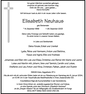 Anzeige von Elisabeth Neuhaus 