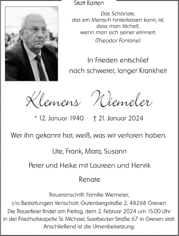 Anzeige von Klemens Wiemeler 