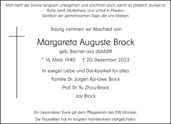 Anzeige von Margareta Auguste Brock 