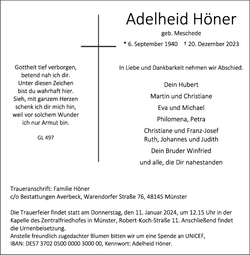  Traueranzeige für Adelheid Höner vom 06.01.2024 aus 
