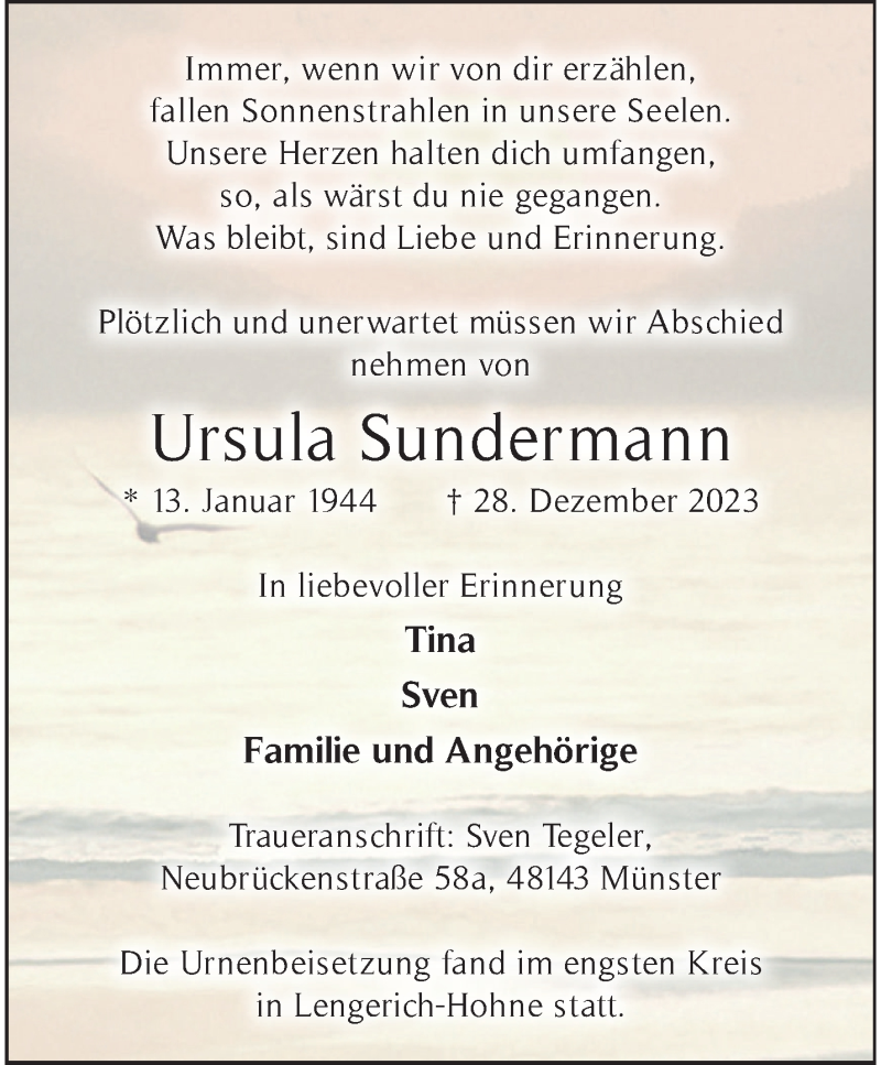  Traueranzeige für Ursula Sundermann vom 17.01.2024 aus 