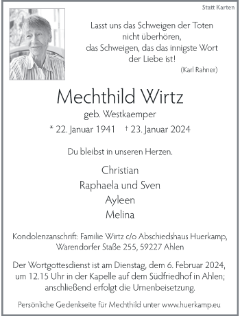 Anzeige von Mechthild Wirtz 