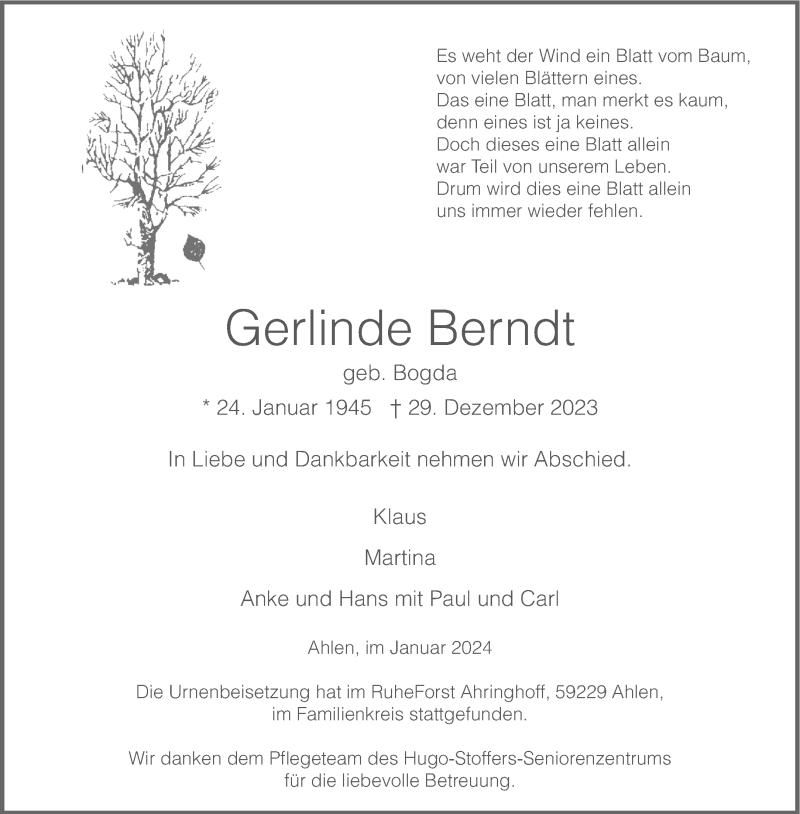  Traueranzeige für Gerlinde Berndt vom 24.01.2024 aus 