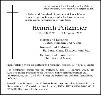 Anzeige von Heinrich Peitzmeier 