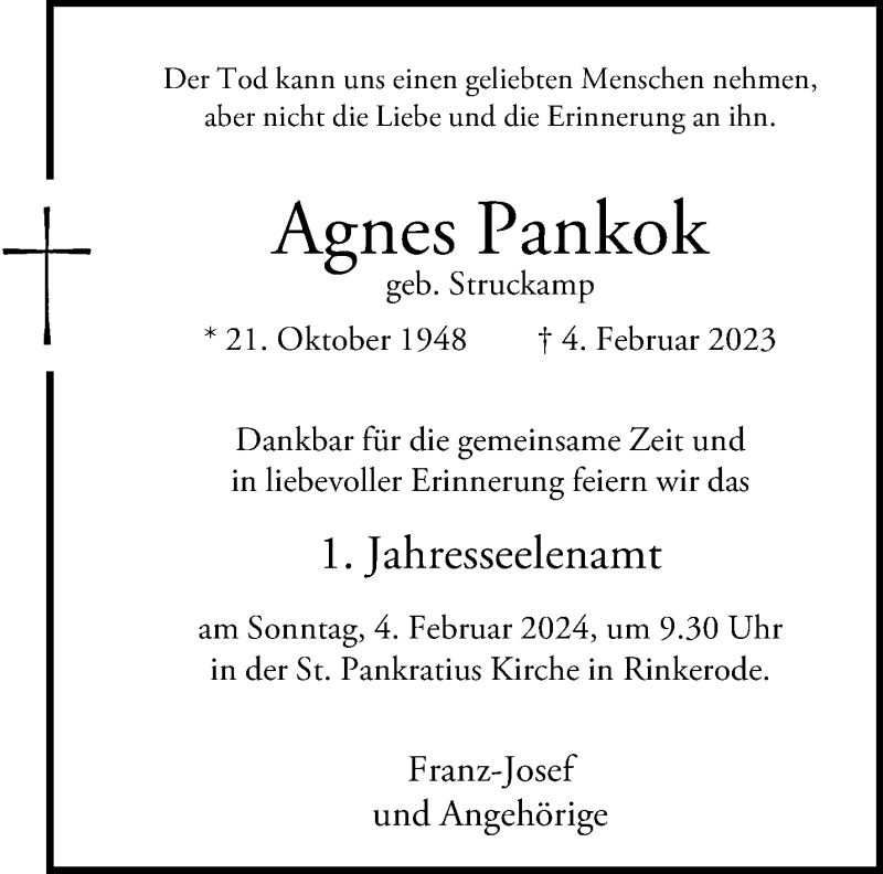  Traueranzeige für Agnes Pankok vom 31.01.2024 aus 