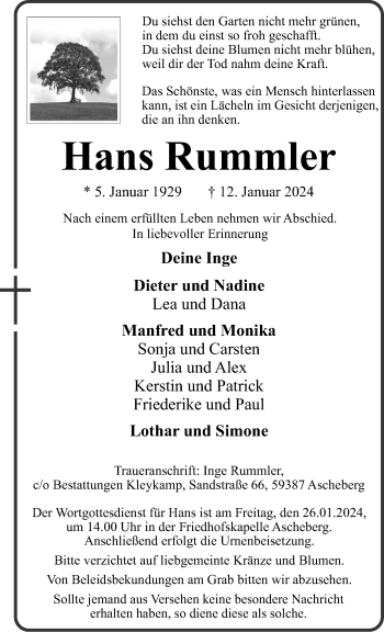 Anzeige von Hans Rummler 