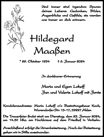 Anzeige von Hildegard Maaßen 
