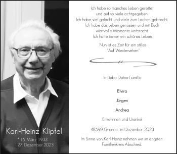 Anzeige von Karl-Heinz Klipfel 