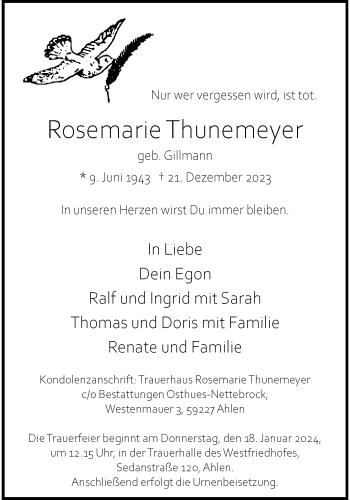 Anzeige von Rosemarie Thunemeyer 