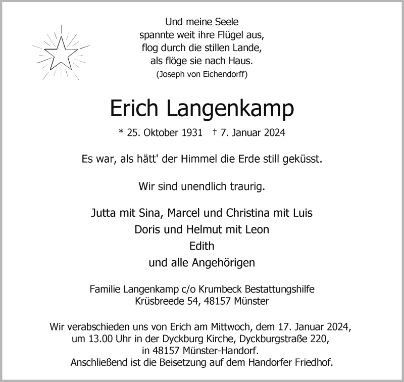  Traueranzeige für Erich Langenkamp vom 13.01.2024 aus 