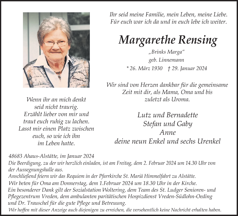  Traueranzeige für Margarethe Rensing vom 31.01.2024 aus 