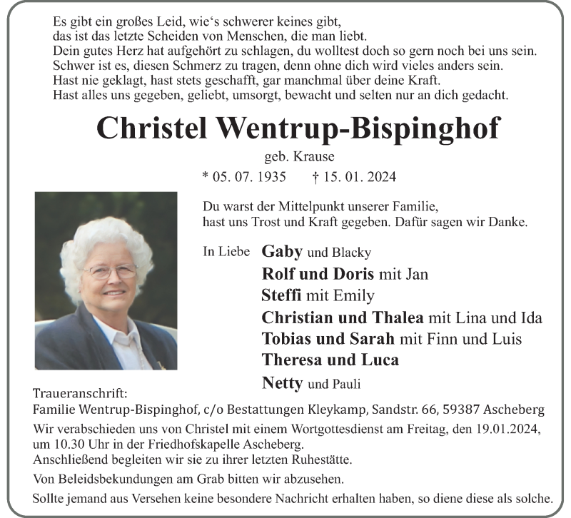  Traueranzeige für Christel Wentrup-Bispinghof vom 18.01.2024 aus 