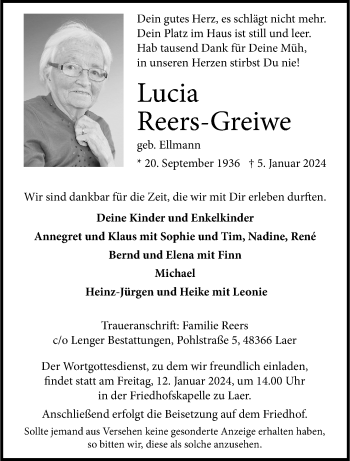 Anzeige von Lucia Reers-Greiwe 