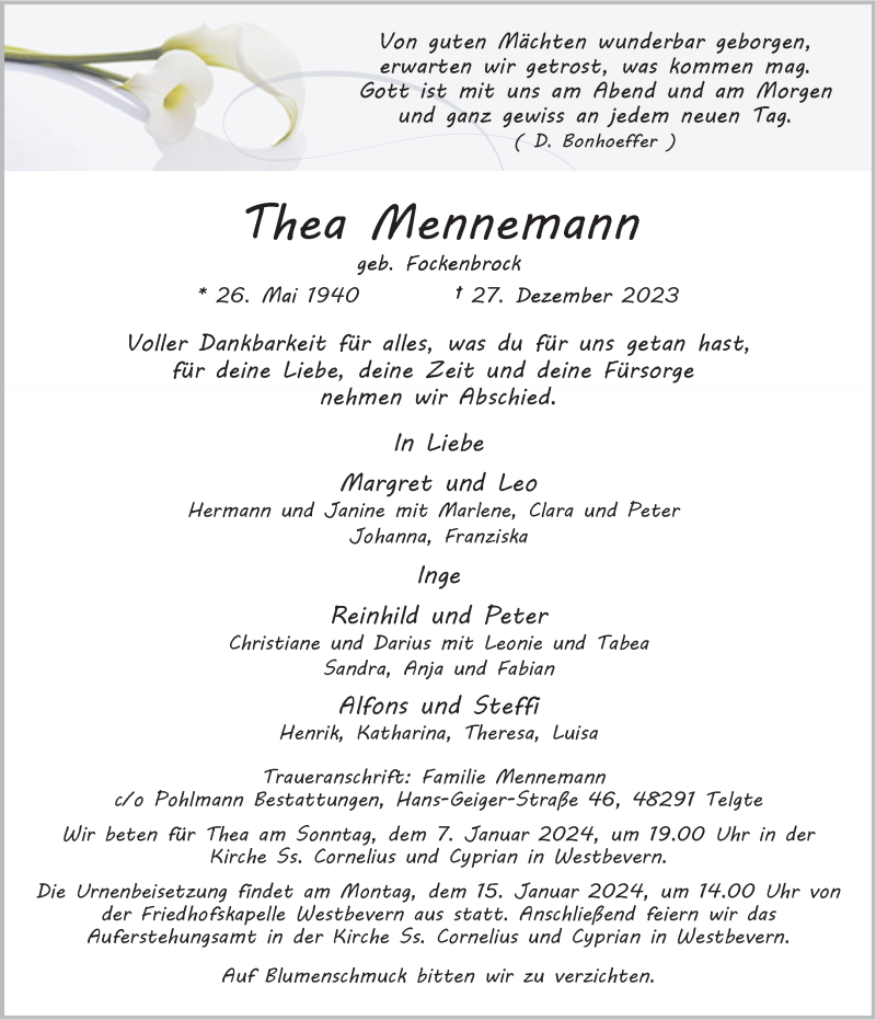  Traueranzeige für Thea Mennemann vom 06.01.2024 aus 