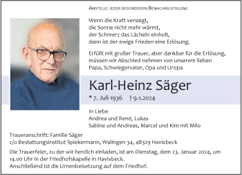 Anzeige von Karl-Heinz Säger 