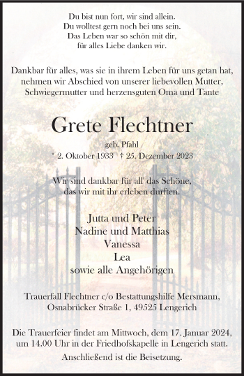 Anzeige von Grete Flechtner 