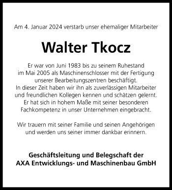 Anzeige von Walter Tkocz 
