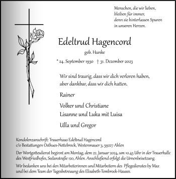 Anzeige von Edeltrud Hagencord 