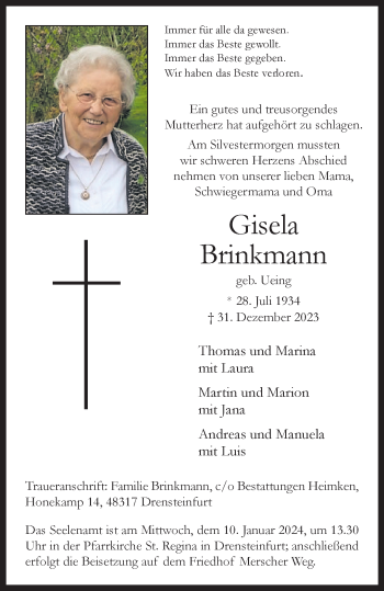 Anzeige von Gisela Brinkmann 