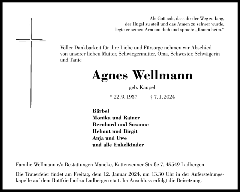 Traueranzeige für Agnes Wellmann vom 10.01.2024 aus 