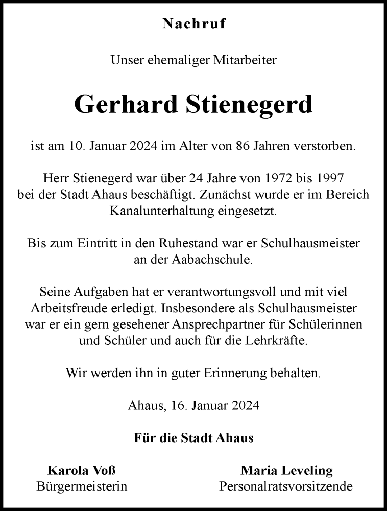  Traueranzeige für Gerhard Stienegerd vom 17.01.2024 aus 