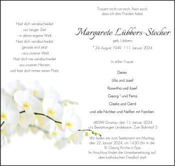 Anzeige von Margarete Lübbers-Stecher 
