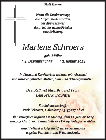 Anzeige von Marlene Schroers 