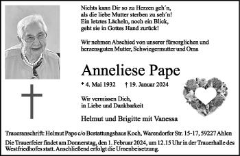 Anzeige von Anneliese Pape 