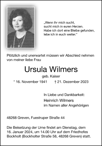 Anzeige von Ursula Wilmers 