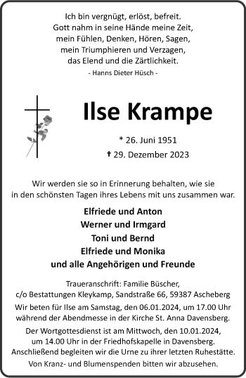 Anzeige von Ilse Krampe 