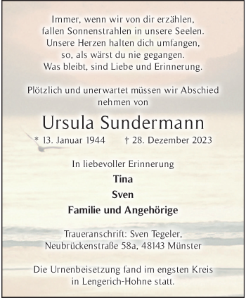 Anzeige von Ursula Sundermann 
