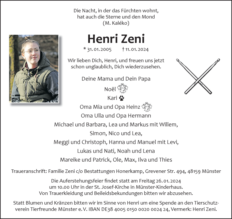  Traueranzeige für Henri Zeni vom 24.01.2024 aus 