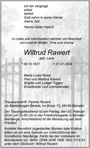 Anzeige von Wiltrud Rawert 