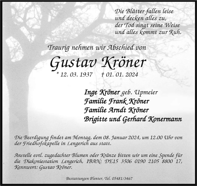  Traueranzeige für Gustav Kröner vom 06.01.2024 aus 